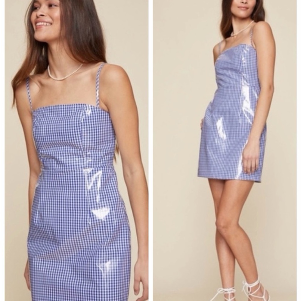 LPA X Revolve Blue Gingham Shimmer Plastic Mini Dress Sz M